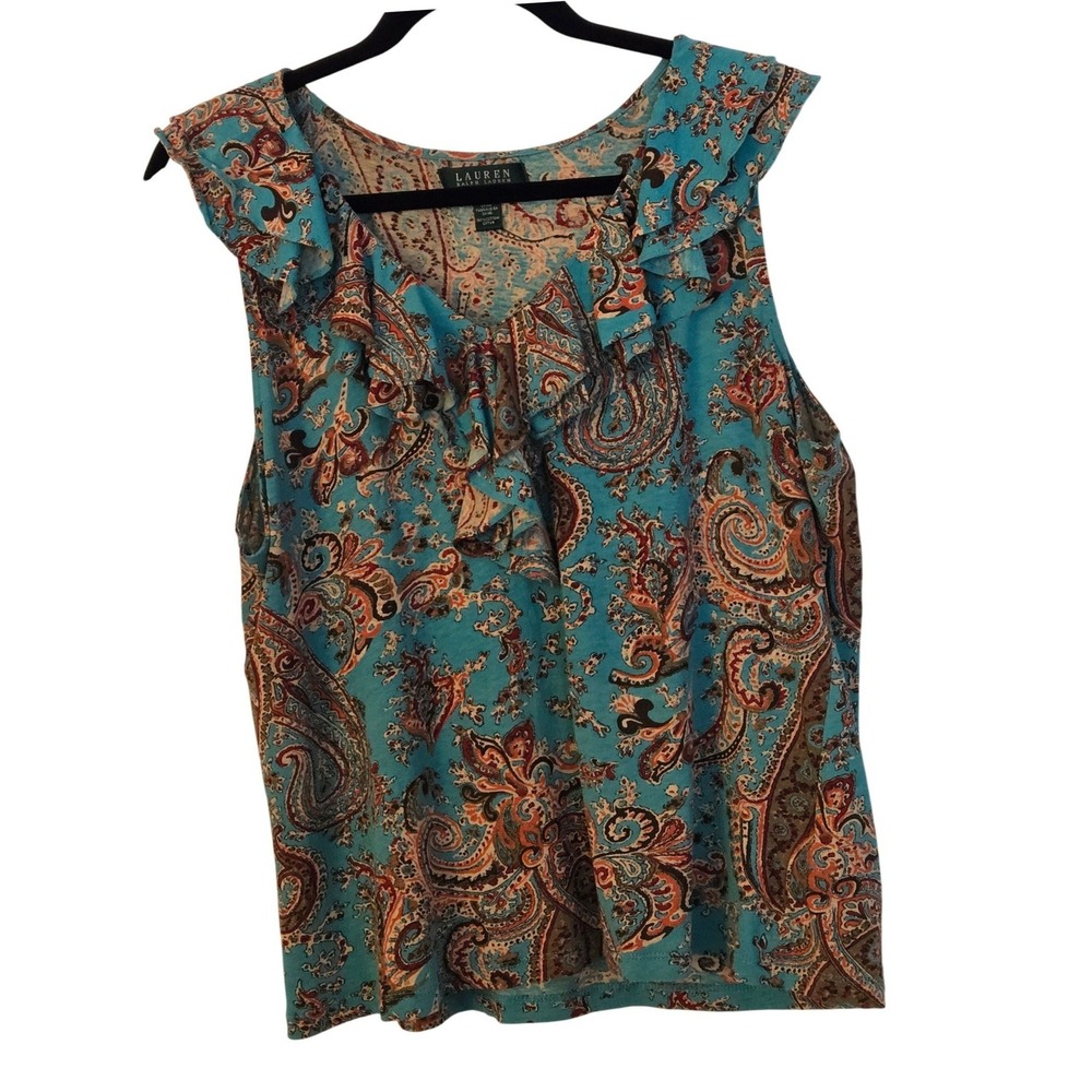Lauren Ralph Lauren Paisley Ruffle Sleeveless Blouse XL Boho Cotton - Picture 3 of 9